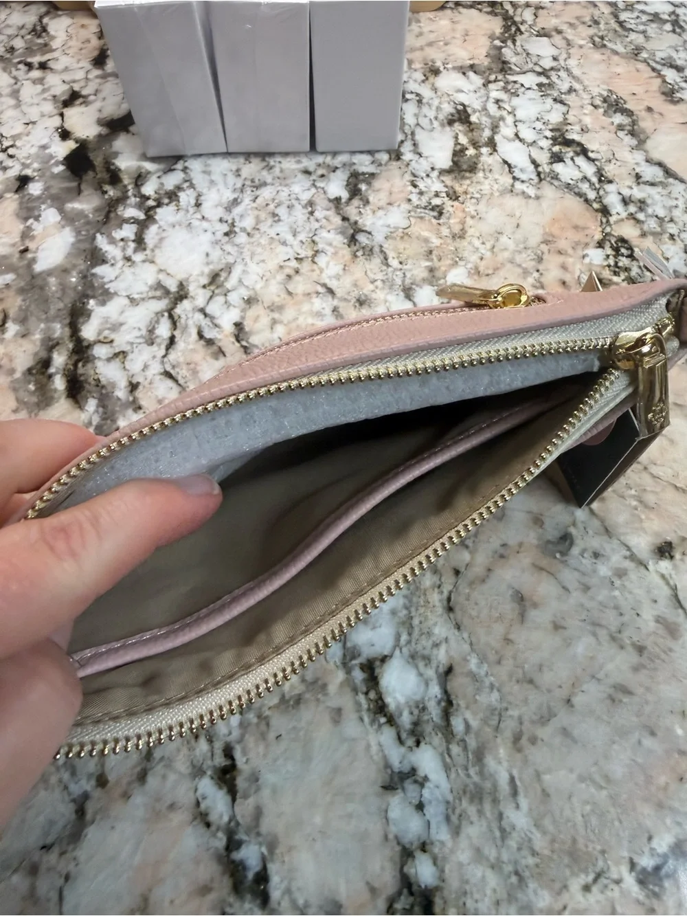 Nanette Lepore Pink and Cream Leather Wristlet with Removable Gold Cross Chain